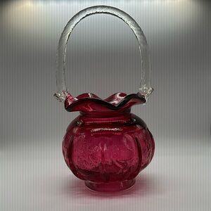 Vintage  Fenton Cranberry Opalescent thistle and stars Basket.
